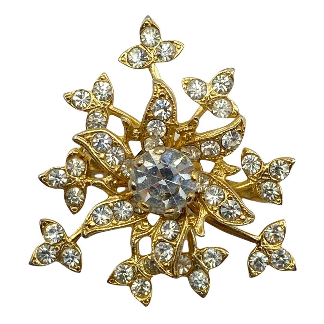 Vintage Triangular-shaped Floral Scatter Pin With Rhinestones