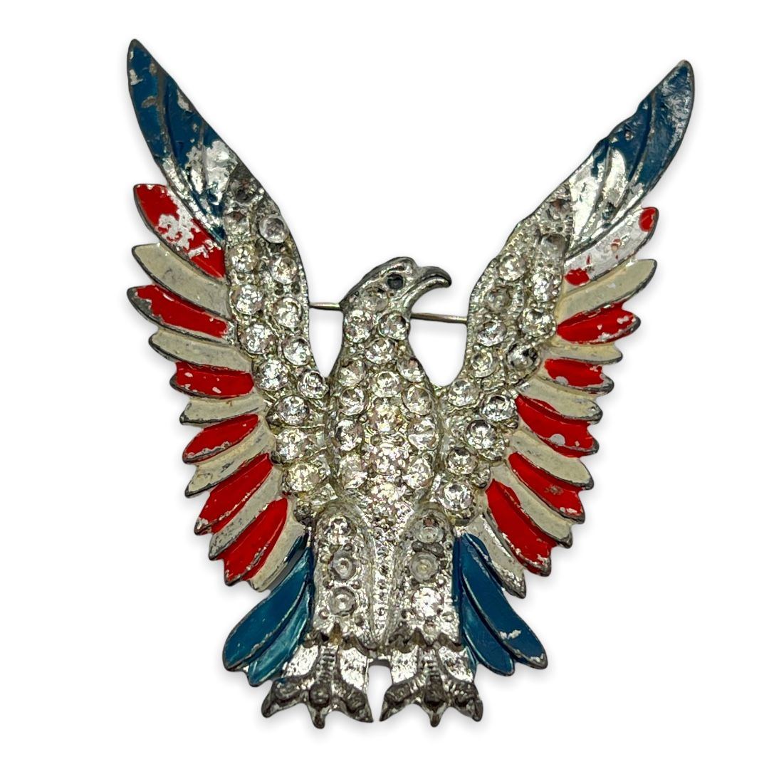 WWII Era Vintage Enameled Pot Metal Eagle and Rhinestone Victory Pin