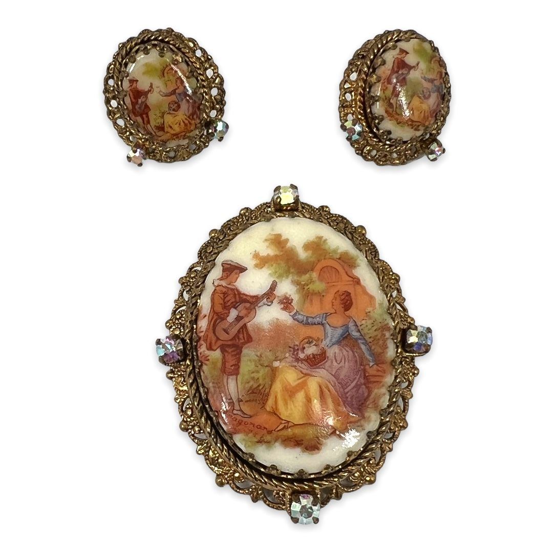 West German Colonial Motif Brooch and Earring Set