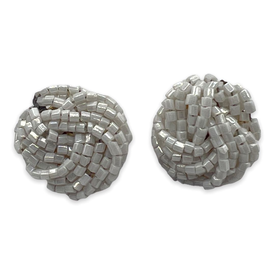 White Bugle Bead Button Earrings