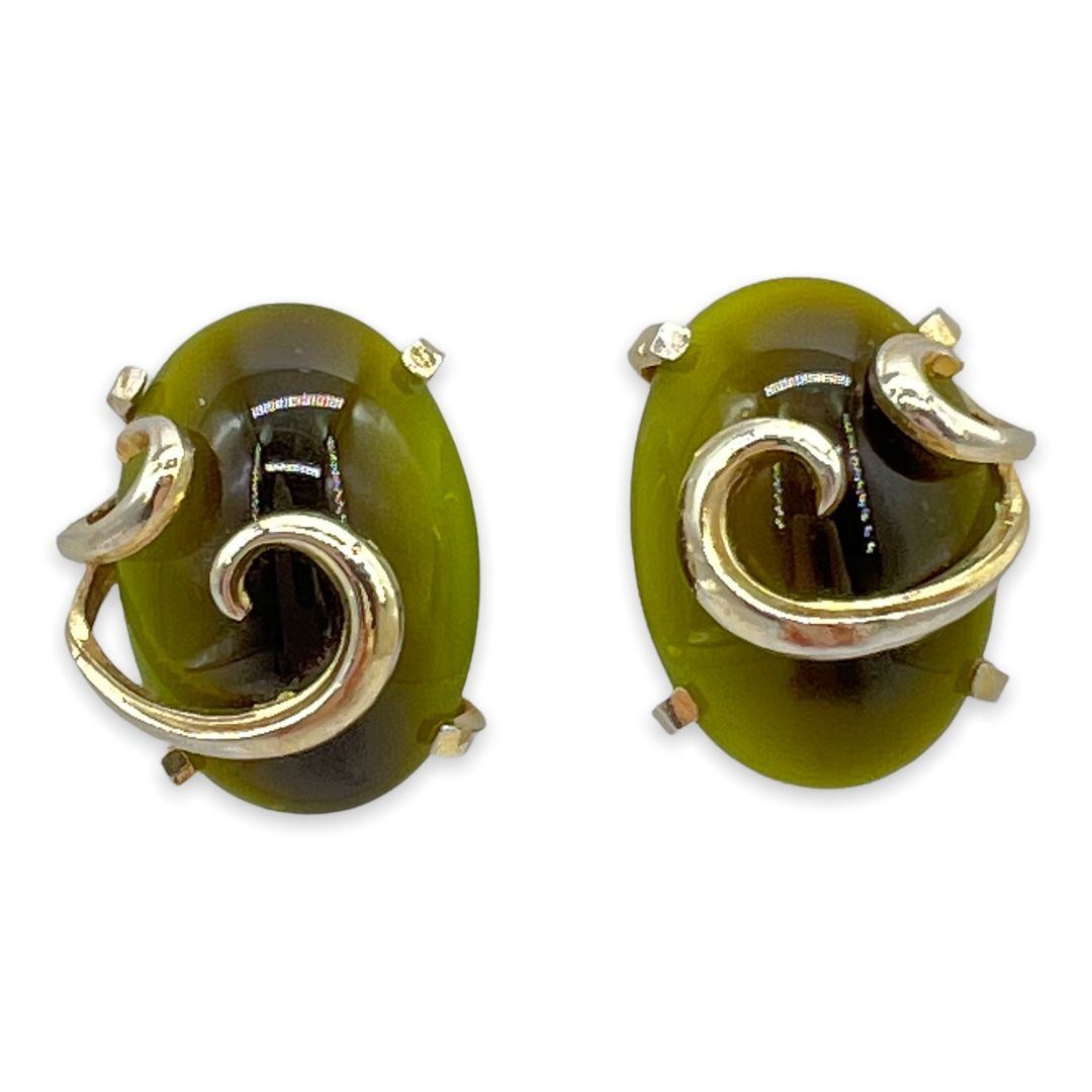 Whiting and Davis Green Cabochon Clip Earrings
