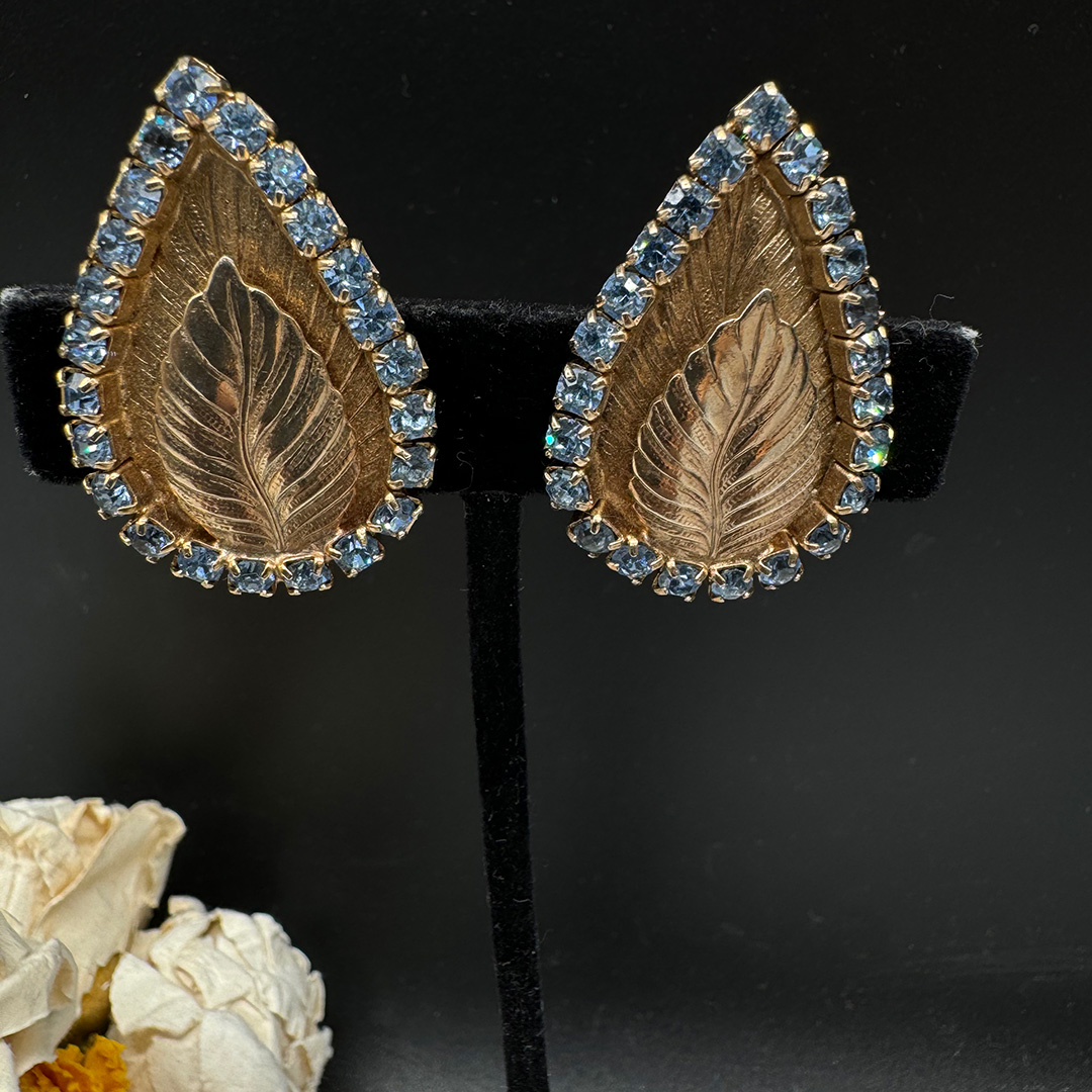 Blue Rhinestone Leaf Earrings
