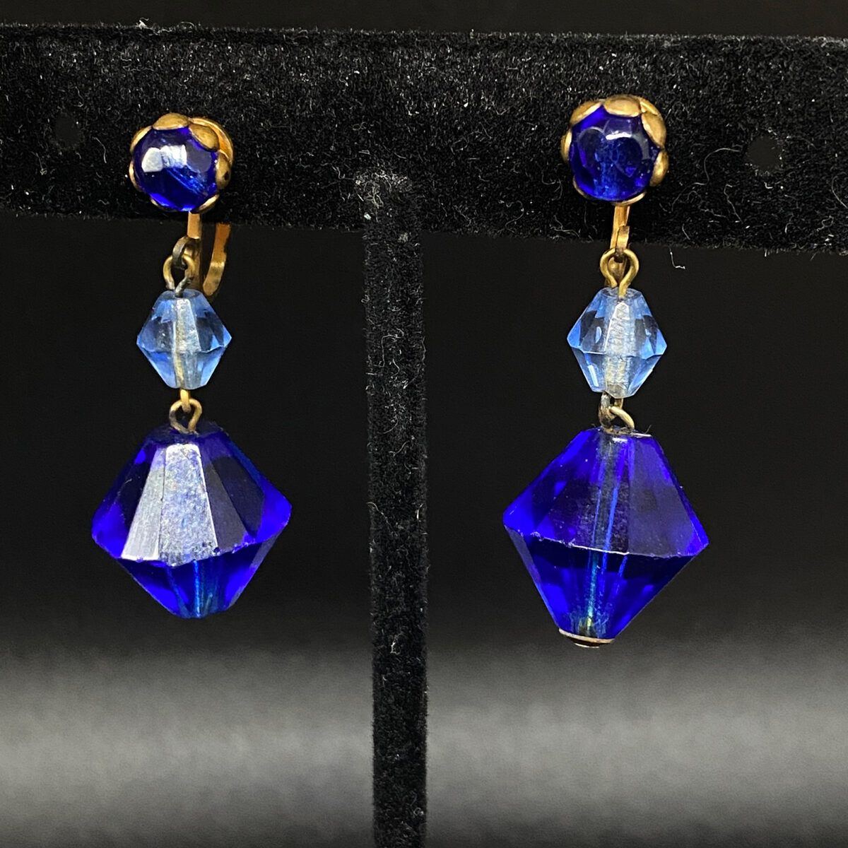 1930s Cobalt Blue Faceted Crystal Dangle Screw back Earrings.