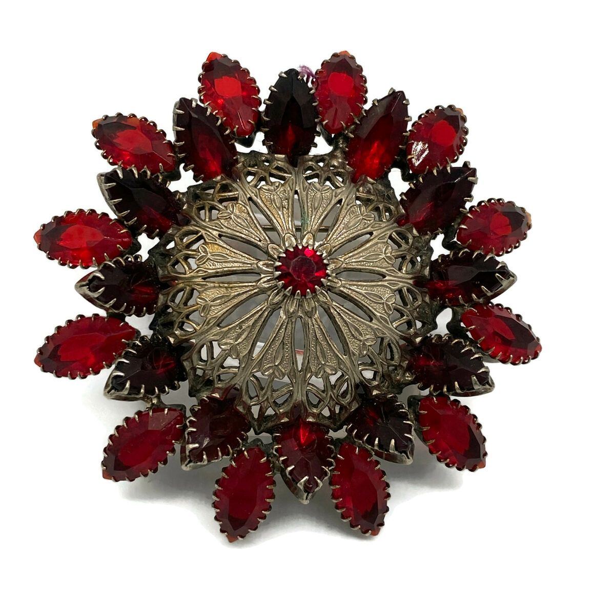 Large Red Rhinestone Brooch with Open Metal Work