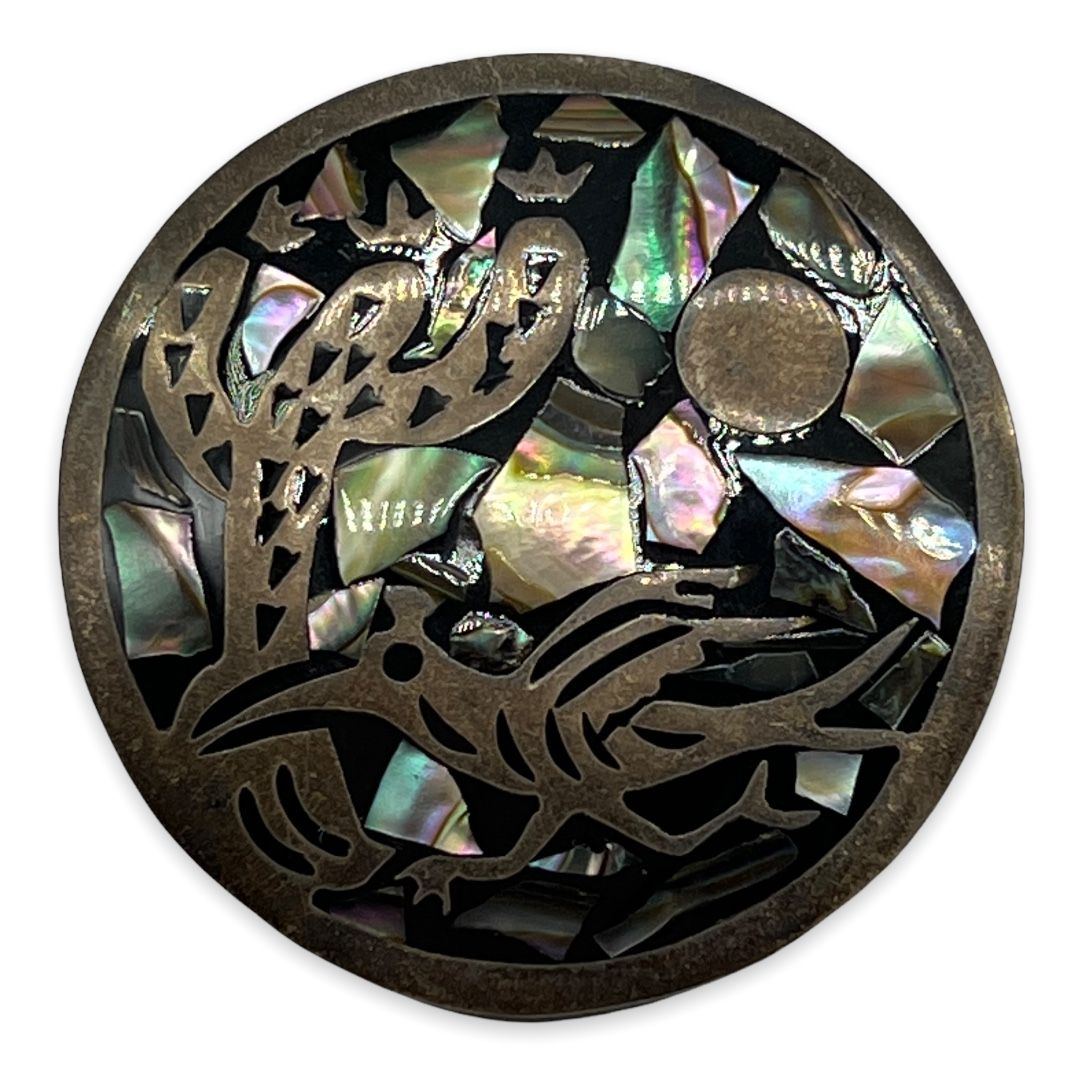 Fabulous TR 161 Mexican Silver Inlaid Brooch Cactus Bird Motif