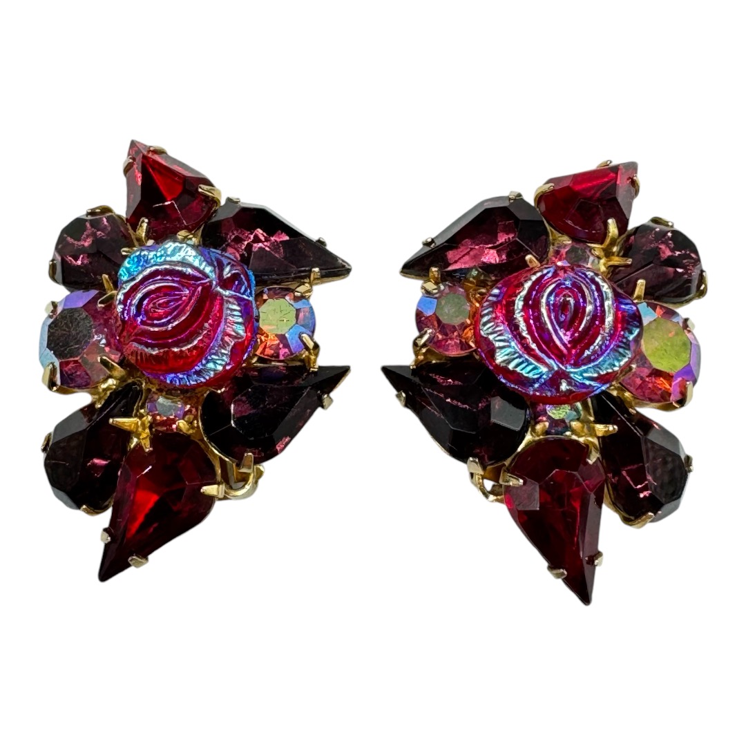 Faux Fire Opal Molded Red Rose Clip Earrings
