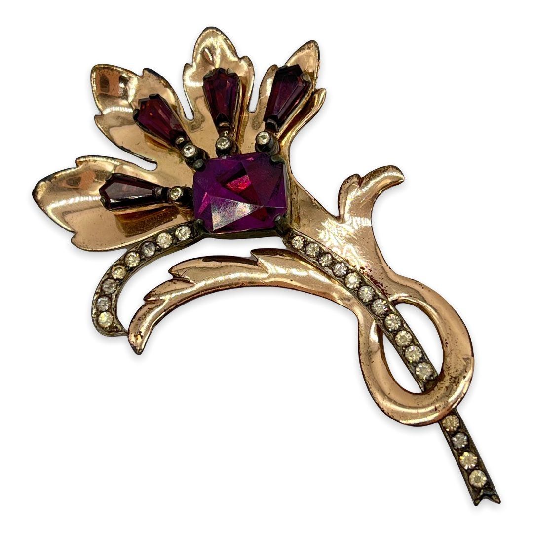 BEAUTIFUL STERLING FLOWER RHINESTONE BROOCH