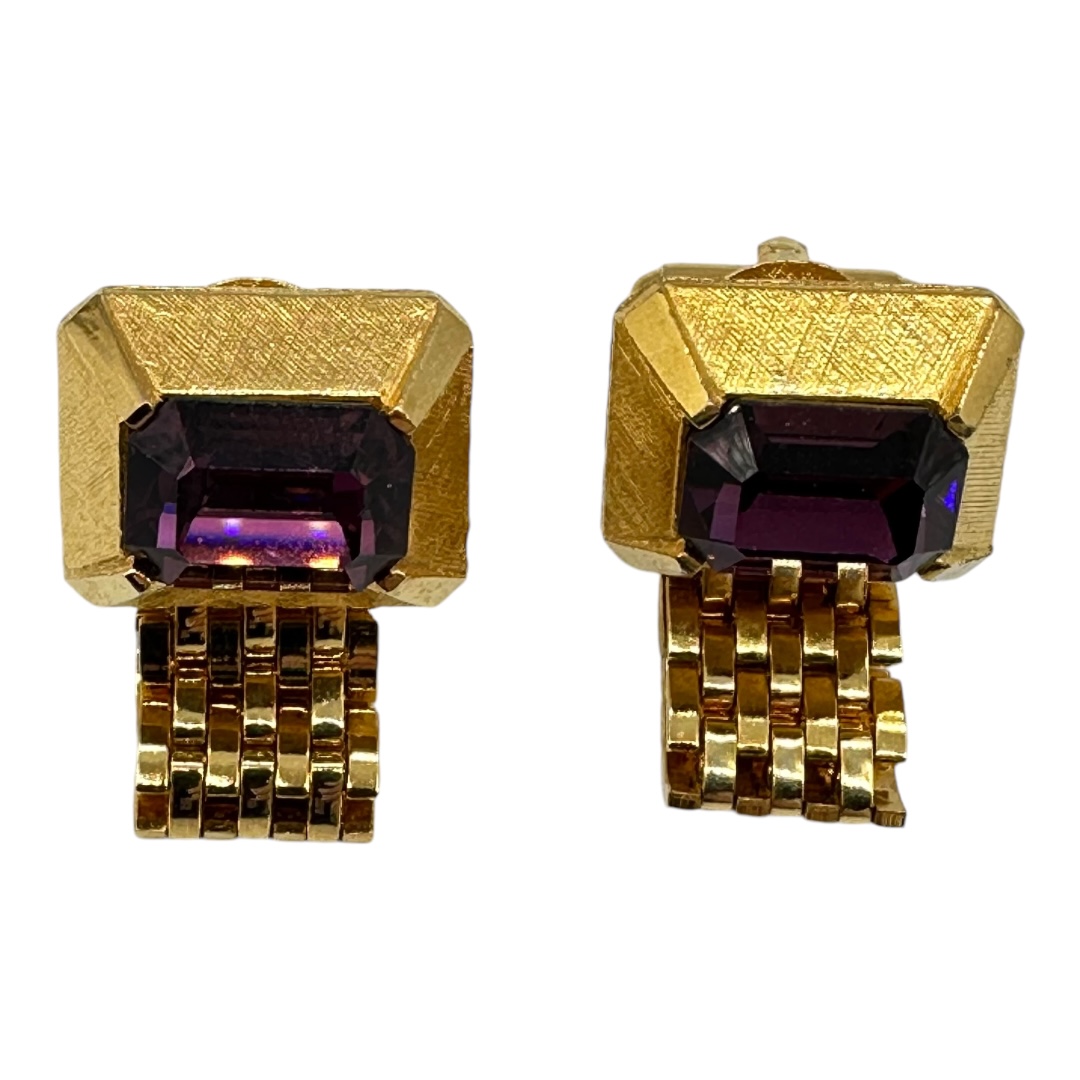 Rhinestone Amethyst-Colored Mesh Cuff Links