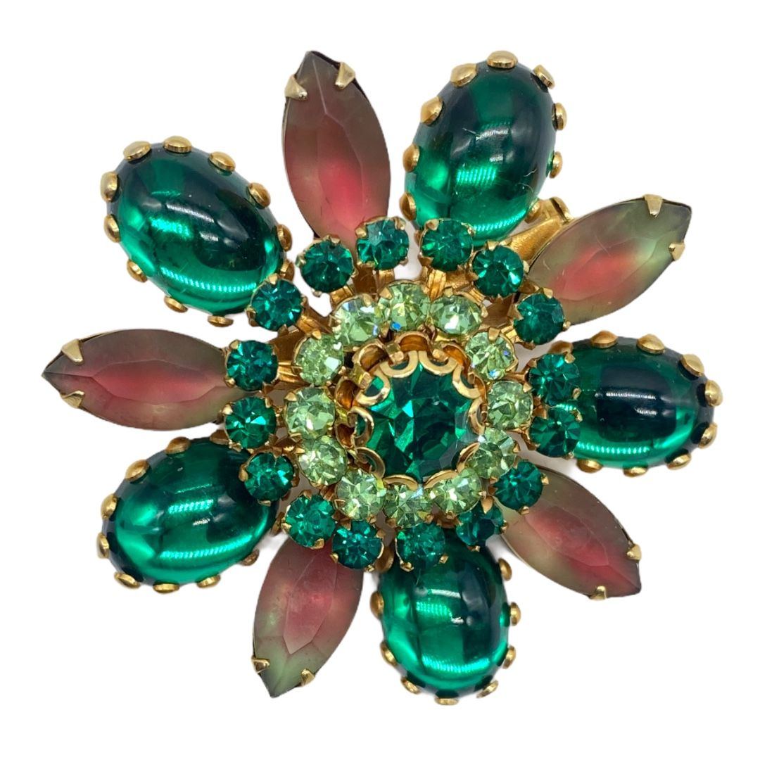 Fabulous Vintage Watermelon and Green Cab Brooch