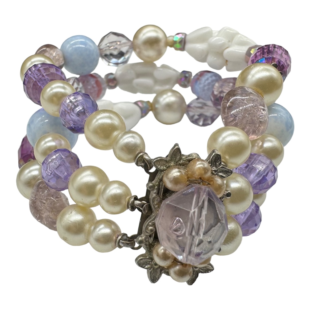 Vintage Art Glass and Faux Pearl Triple-Strand Bracelet