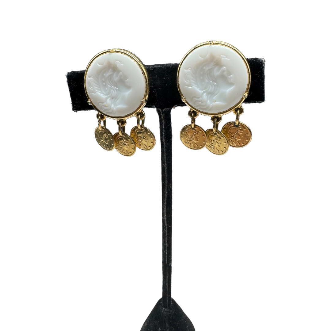 White Milk Glass Intaglio Earrings with Coin Drops