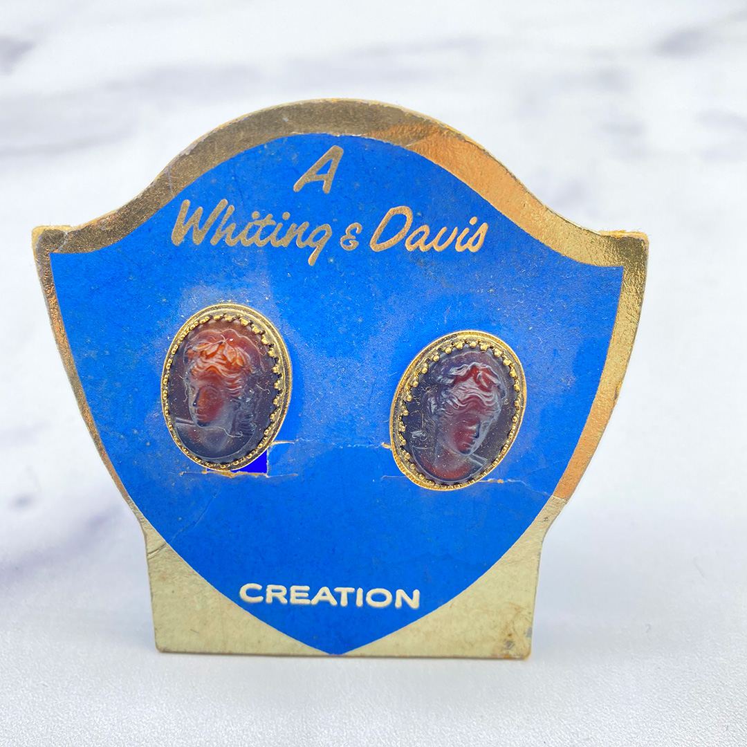Whiting and Davis High-Relief Cameo Costume Earrings New Old Stock
